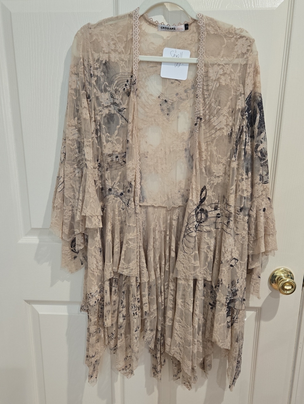 Origami Boho Lace Duster Kimono with Musical Graphics NWT